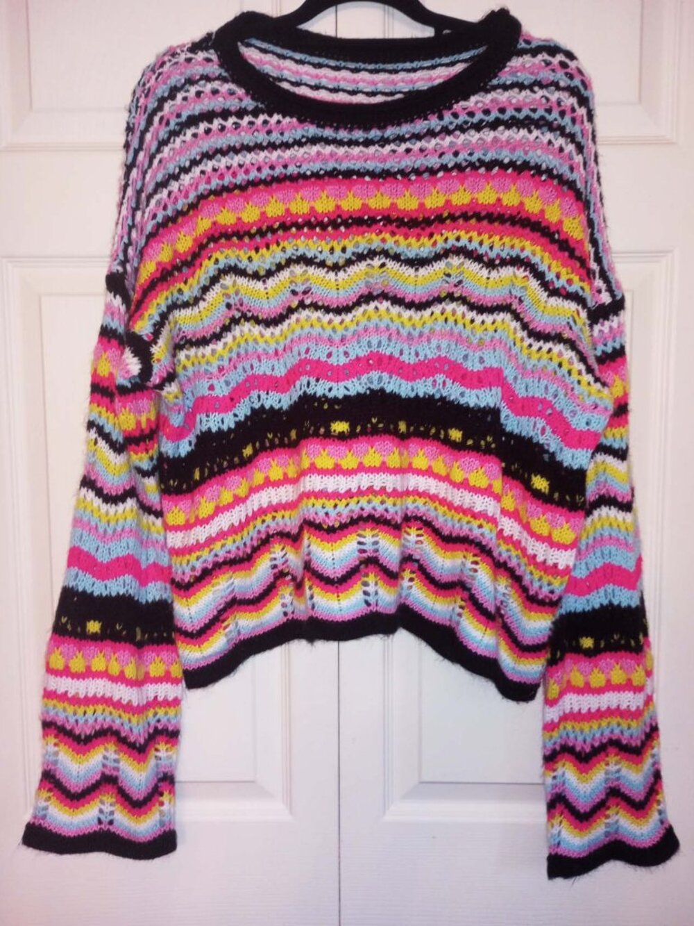 OOAK Handmade Neon Pastel Chevron Pointelle Open Knit Sweater Festival Twee OS